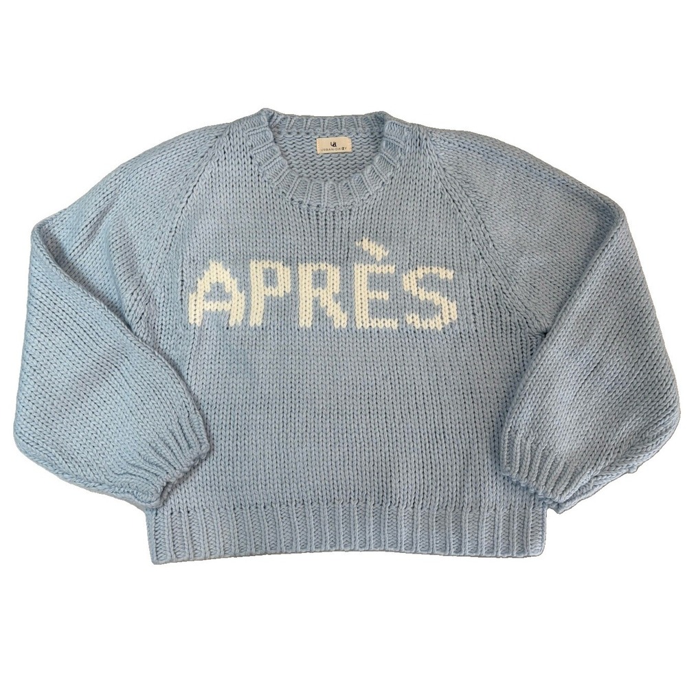 Urban Daizy Apres Ski Chunky Knit Sweater Soft Powder Blue White Graphic S/M